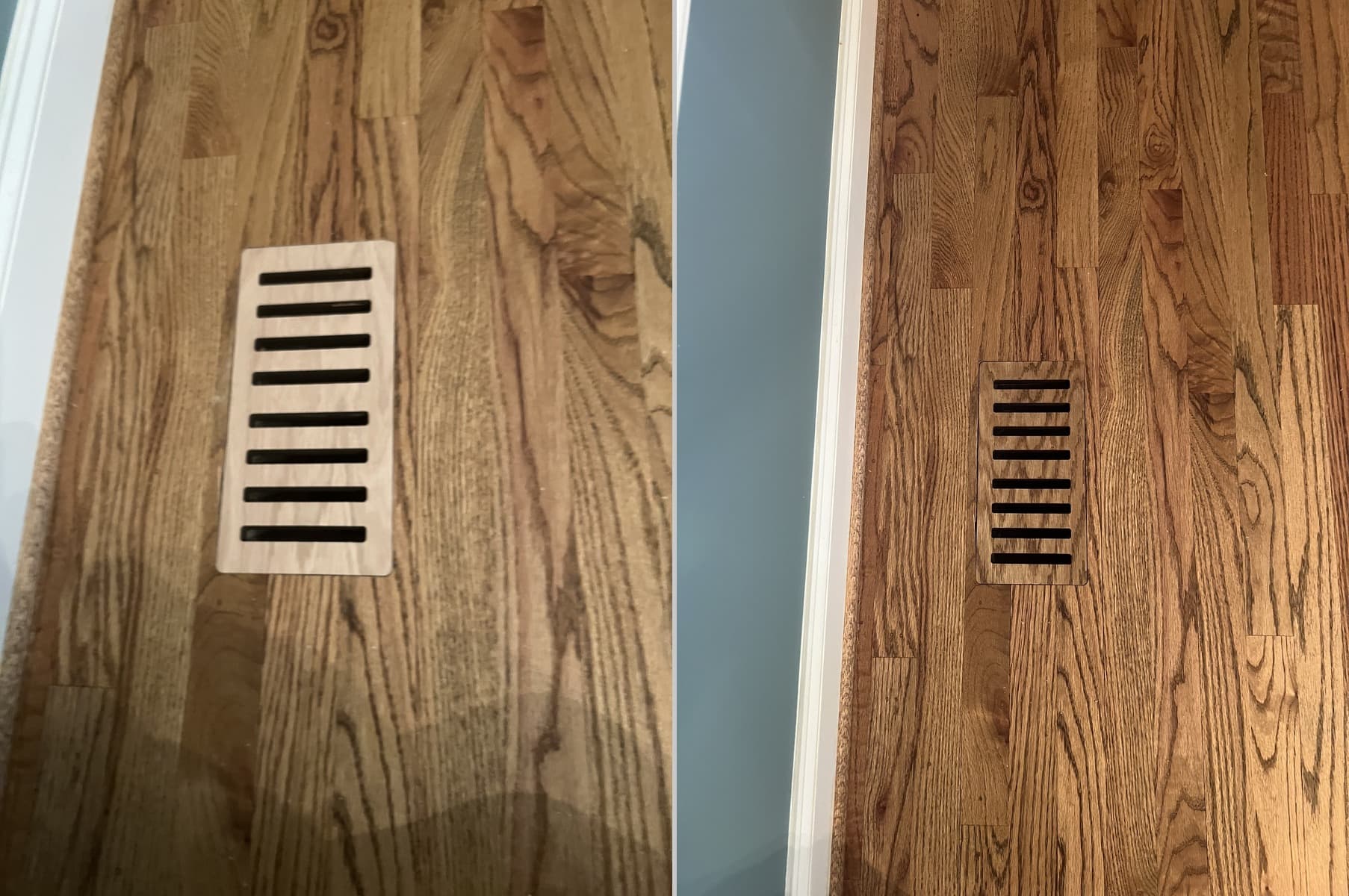 Custom flush mount floor vent stained to match red oak hardwood by 12th And Oak Floor Co. Clayton NC