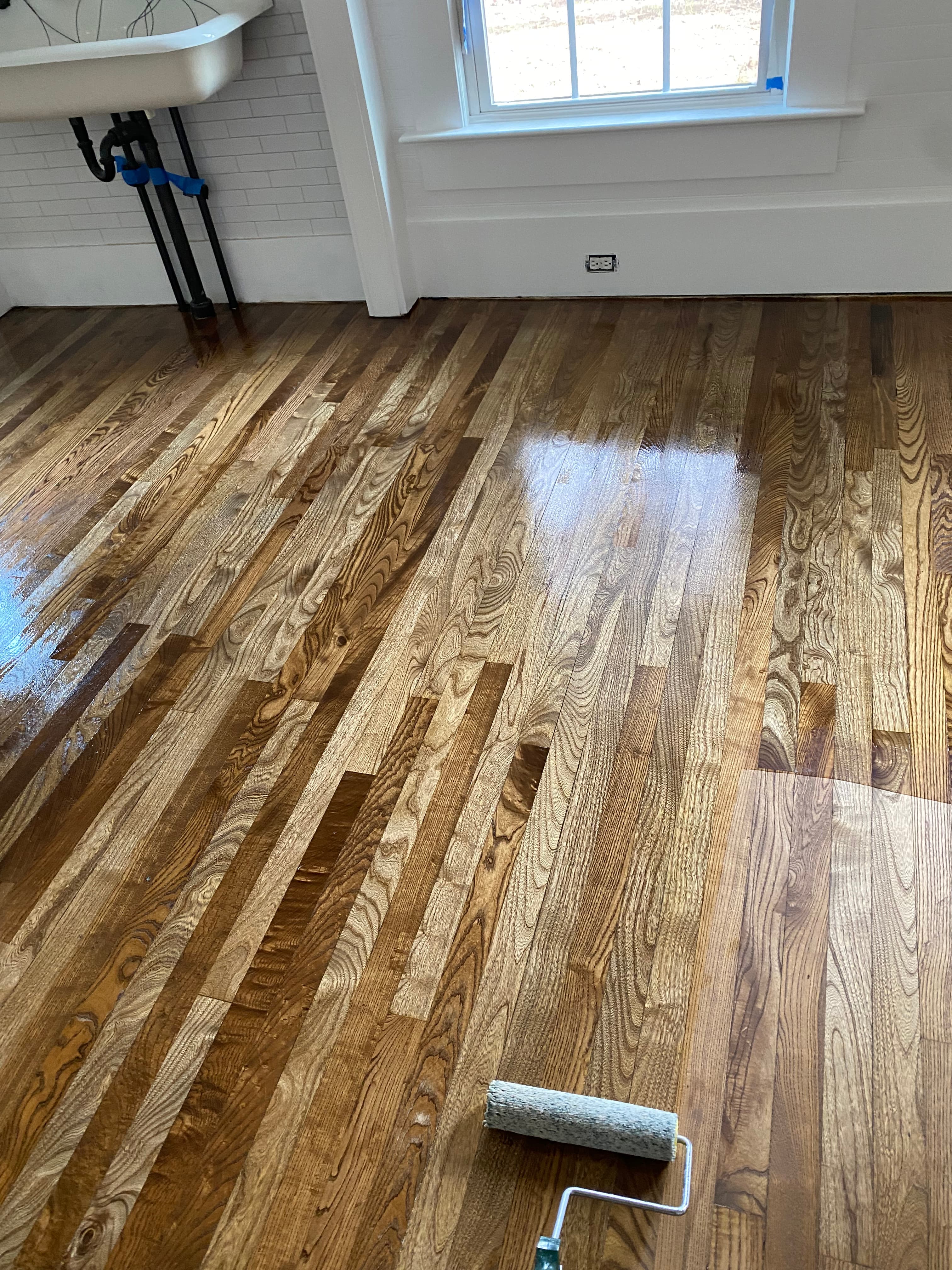 Hardwood floor finish coat roller application red oak Smithfield NC by 12th And Oak Floor Co.
