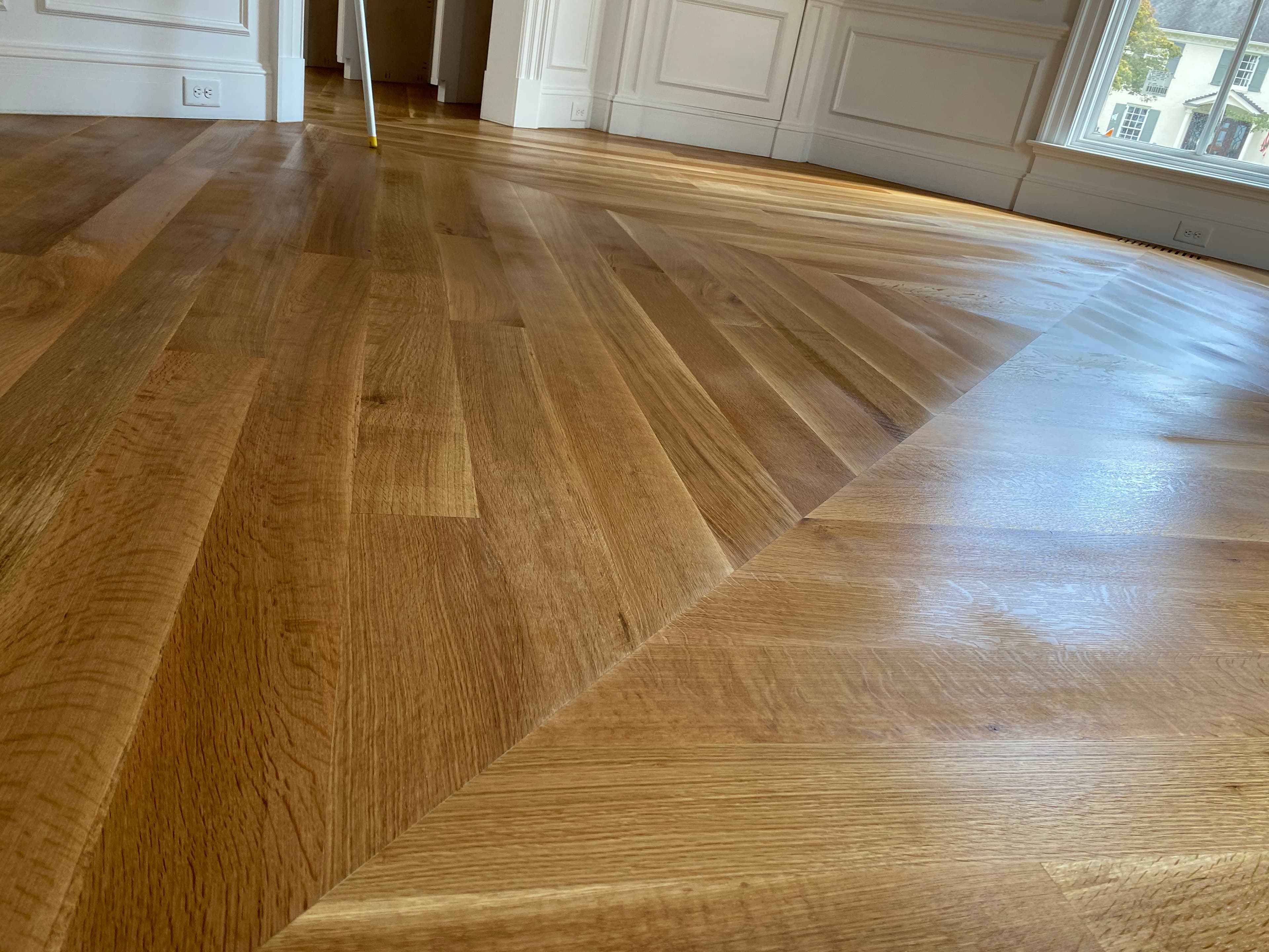 hardwood floor repair white oak diamond pattern water popped Clayton NC