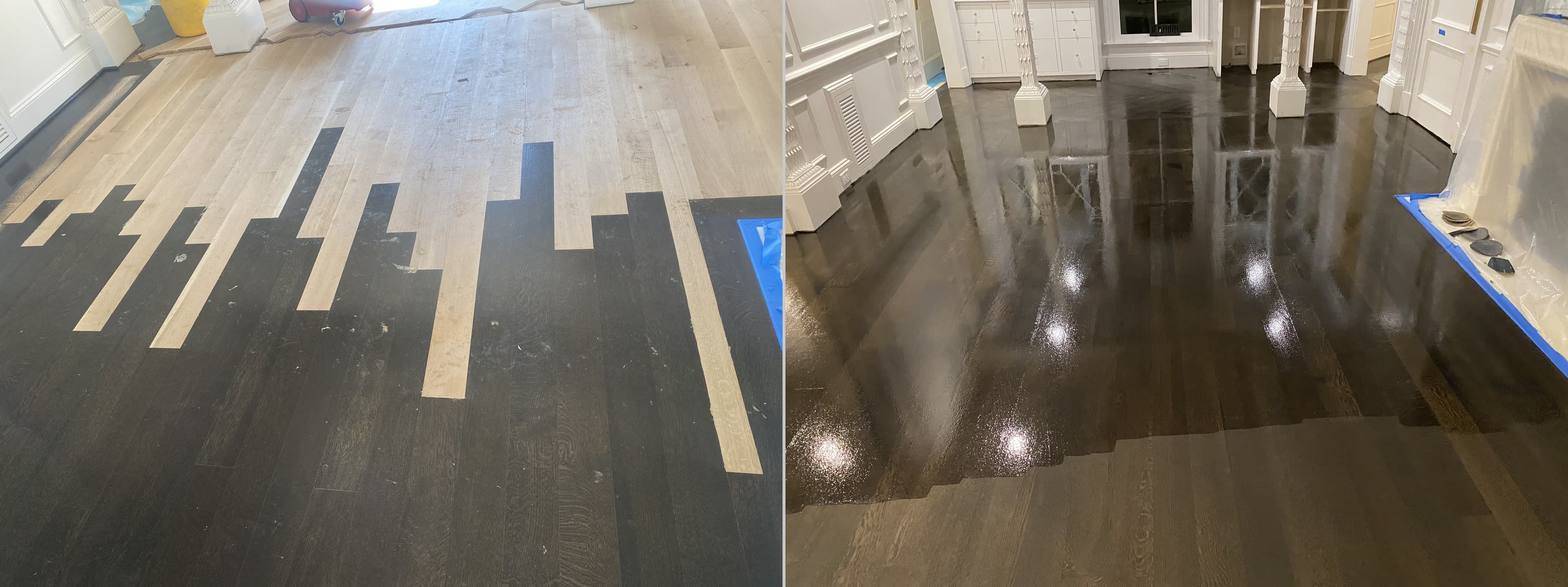 Before and after hardwood floor lace-in water damage repair and refinishing in Raleigh NC by 12th And Oak Floor Co.