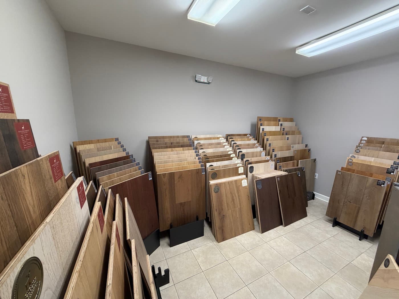 Engineered hardwood samples including English Forest Collection in the 12th And Oak showroom