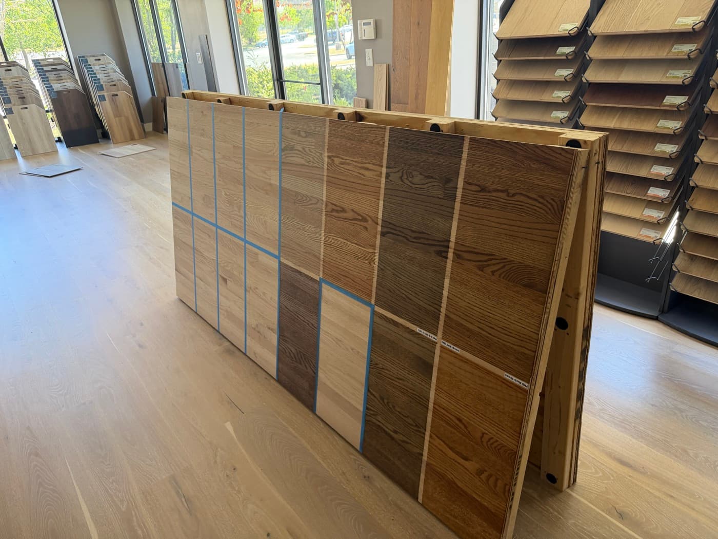 Red oak and white oak stain comparison boards showing full color range