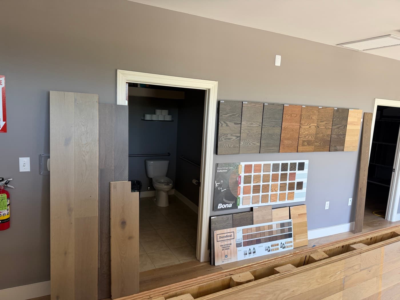 Bona DriFast and DuraSeal stain collection boards in the 12th And Oak showroom