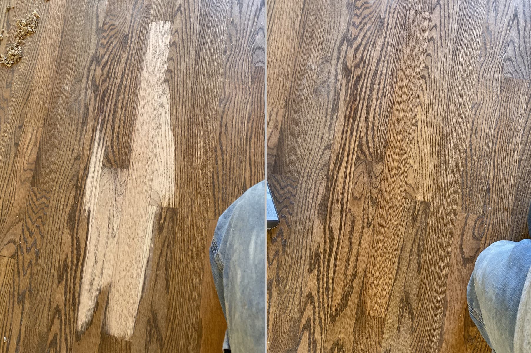 Before and after hardwood floor board replacement and stain repair on red oak by 12th And Oak Floor Co. Clayton NC