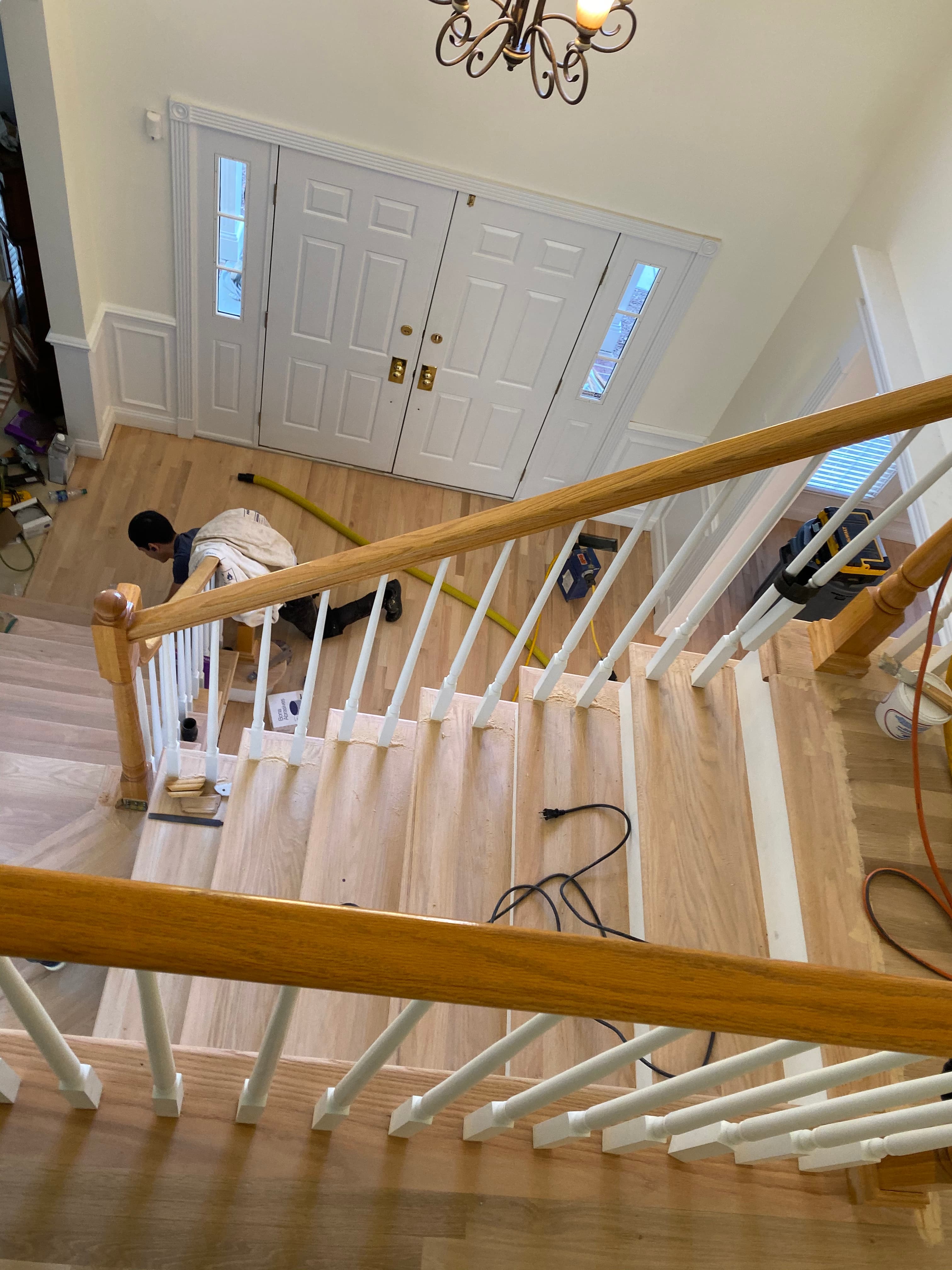 white oak staircase installation in progress Clayton NC